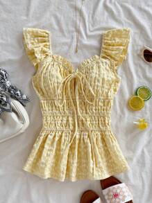 Soleia Women's Textured Fabric Short Cap Sleeve Top, Suitable For Vacation, Music Festival, Bohemian, Holiday, Date Night, Spring/Summer For Valentine's Day - Yellow - View 5