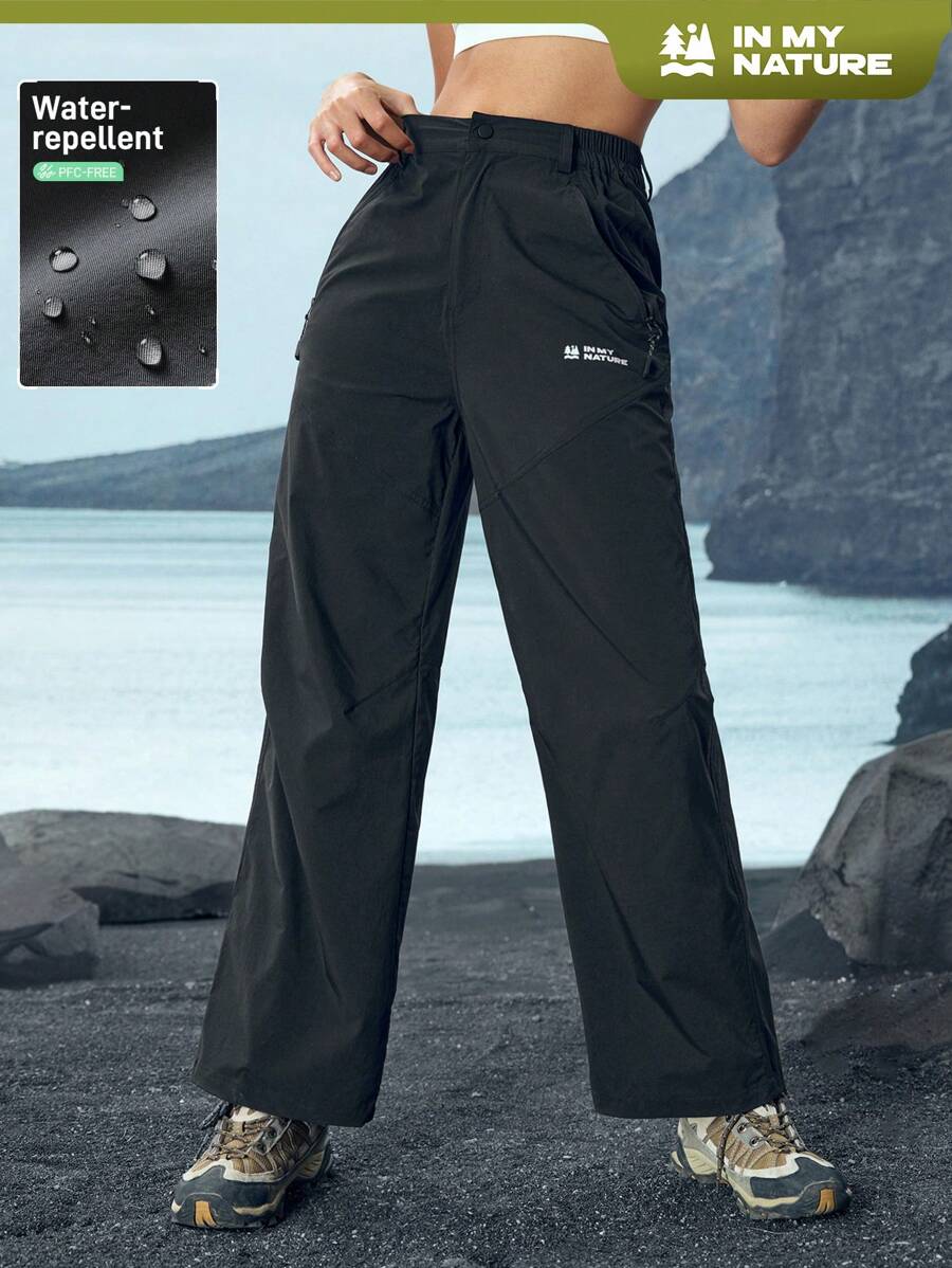In My Nature Women's Front Button Pocket Letter Print Casual Hiking Pants, Minimalist Design