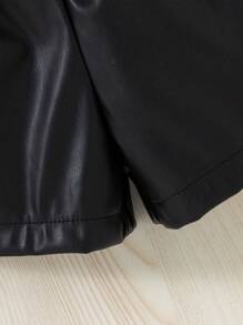 SHEIN Young Girl' All-Match Bowknot Waist PU Leather Shorts, Fashionable & Versatile, One Piece Black