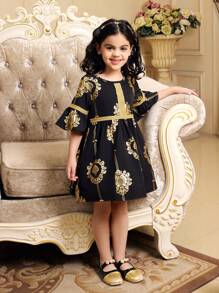 Young Girls Ramadan Elegant Embroidered Gold Pattern Metallic Tape Flare Sleeve Round Neck Dress, Spring/Summer - Black - View 1