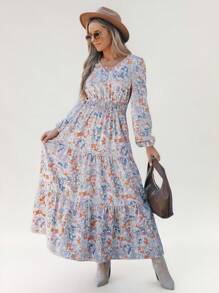 Wildy Women's Casual V-Neck Ditsy Floral Dress, Light Grey,Long Sleeve Dress - Multicolor - View 1