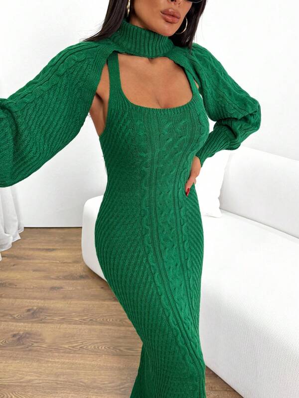 EURMUSE Women Solid Color Textured Knit Mock Neck Sweater & Sweater Dress Set