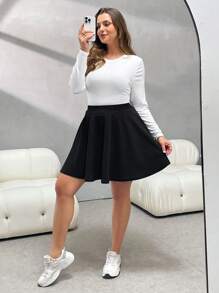 SHEIN Essnce Plus Size Ladies Autumn And Winter Fashion Casual Comfortable Basic Versatile Daily Black A-Line Skirt,Women Bottom,Curve Skirt