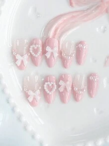ROMWE Kawaii 10 件法式 Y2K 可爱简约性感风格 3D 人造珍珠心形蝴蝶结细节装饰人造珍珠链手绘美甲 + 3 件双面胶 - 彩色 - 查看 2