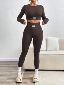 INAWLY 2pcs Women's Set: Crew Neck Long Sleeve Top And Long Pants, Minimalist Fall Cloth For Women - Rust Brown - View 1