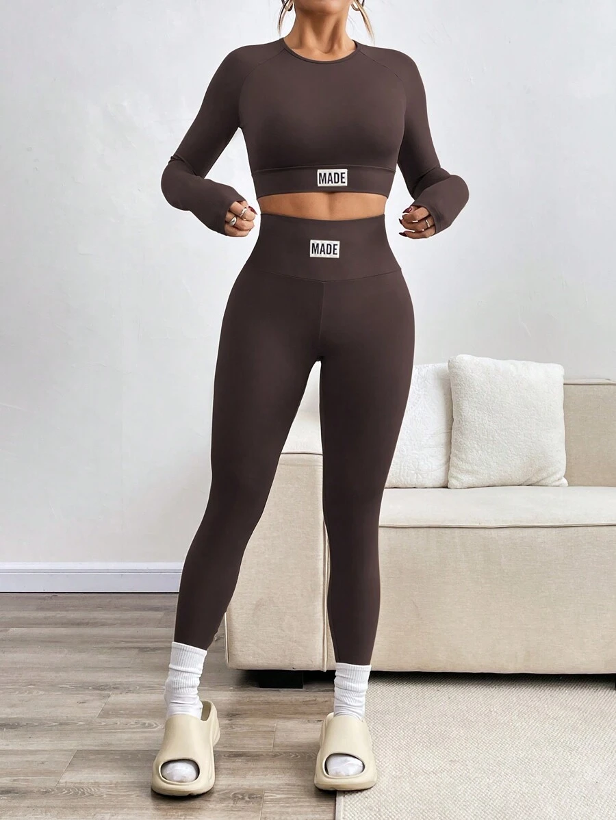 INAWLY 2pcs Women's Set: Crew Neck Long Sleeve Top And Long Pants, Minimalist Fall Cloth For Women - Rust Brown - View 1