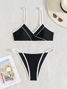 Summer 2pcs/Set Women's Sexy Bikini Set With Contrast Color Splice Top And Adjustable Swim Bottoms - Black and White - View 6
