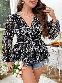 Flirla Cămașă cu decolteu în V, cu mâneci lungi, cu mâneci lungi, cu volante, cu talie