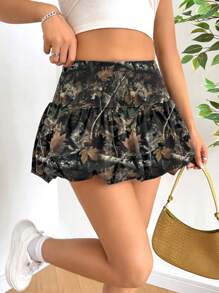 SHEIN EZwear Lässiger Vintage Damen Rock mit gesamtbedrucktem Baumzweig-Camouflage-Muster und Falten, knielang, geeignet für Frühling und Sommer - Verschiedenfarbig - Übersicht 4
