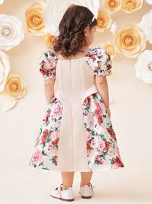 SHEIN Leap Crew Baby Girl Elegant Puff Sleeve Floral Print Color Block Patchwork Dress - Pink - View 2