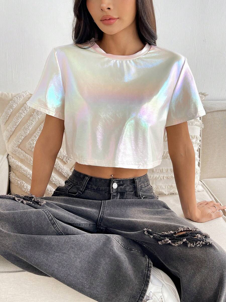 SHEIN EZwear 夏季白色 Y2k 纯色圆领 T 恤 - 杏色 - 查看 1