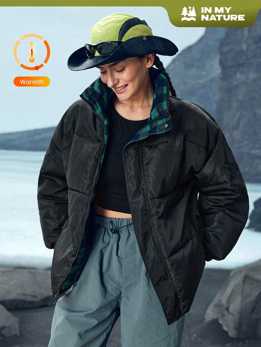 In My Nature 休闲立领棉质派克大衣女款，2024 冬季宽松款夹棉外套 - 黑色 - 查看 1