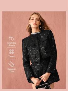 Enchnt 女款秋季优雅亮片短款夹克 - 黑色 - 查看 2