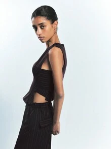 Maija 女式黑色和棕色条纹可调节腰带扣背心，百搭设计适合所有季节，现代都市职业装 Old Money - 棕色 - 查看 5