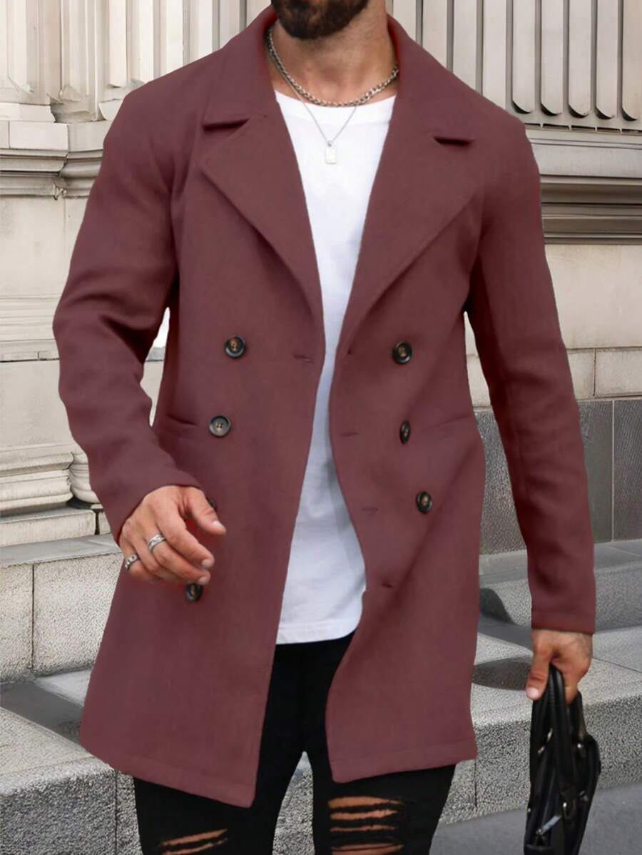 Manfinity Homme Abrigo casual de lana de longitud media para hombre, regalo para novio, ropa de hombre para otoño, prendas versátiles para invierno, sobretodo gris - Burdeos - Ver 1