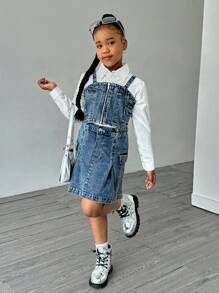SHEIN Set in denim da 3 pezzi per ragazze: camicia in chambray, vestito pinafore in denim, stile casual alla moda, abbigliamento quotidiano per ragazze