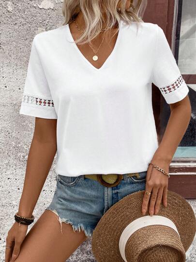 EMERY ROSE Women V-Neck Hollow Out Short Sleeve Casual T-Shirt