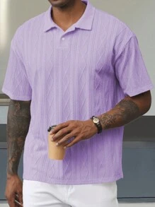 Manfinity Homme Estilo casual de vacaciones para hombres, con una camisa polo de manga corta con textura de diamante geométrica inspirada en INS. Perfecta para festivales de música, escapadas a las playas de Hawái - Púrpura malva - Ver 5