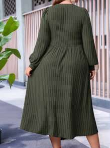 EMERY ROSE Plus Solid Lantern Green With Sleeves Sleeve Ribbed Knit Winter Dress - Army Green - View 2