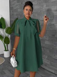 Maweii Plus Size Women's Loose Mesh Patchwork Bowknot Design Vacation Dress, Spring/Summer - Dark Green - View 5