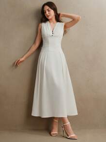 Anewsta 优雅白色编织无袖 V 领收腰夏季女士连衣裙，时尚、节日、度假装 - 白色 - 查看 5