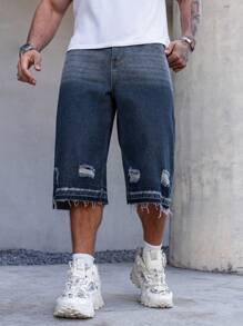 Manfinity Homme Men's Distressed Pocket Design Frayed Edge Casual Denim Shorts - Light Wash - View 1