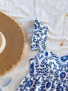 Soleia 女式 A 字型盖袖衬衫，适合度假、音乐节、波西米亚风、节日、下午茶 - 藍白色 - 查看 5