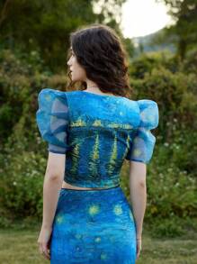 SHEIN MOD Artistic Series, Van Gogh "Starry Night Over The Rhône" Print Shirt, Retro Vintage - Blue - View 8