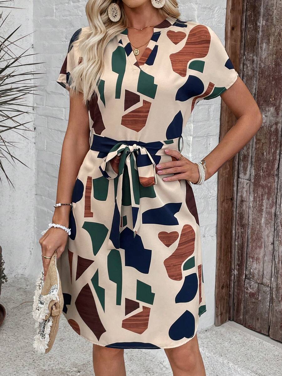 EMERY ROSE 女式 V 领短袖印花休闲短裙 - 彩色 - 查看 1