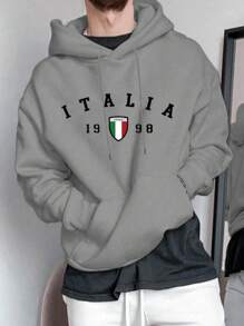 RueChic Men Italy Letter Printed Line Basic Regular Hoodie - Grey - View 1