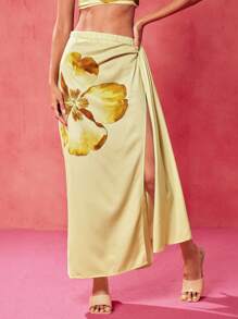 Oxana 设计师浅黄色花卉印花高腰侧褶奶油黄美人鱼裙，情人节，节日 - 彩色 - 查看 7