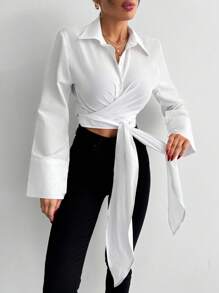 RueChic LONG SLEEVE VOLUMED CUFF TIE UP HEM SHIRT - White - View 3