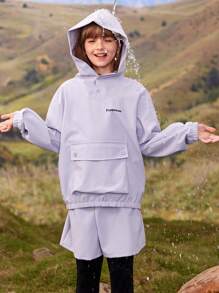 SHEIN Bộ 2 áo dài tay in chữ có túi và quần short cho bé gái lớn tuổi, tối giản và sáng bóng - Màu tím - Xem 2