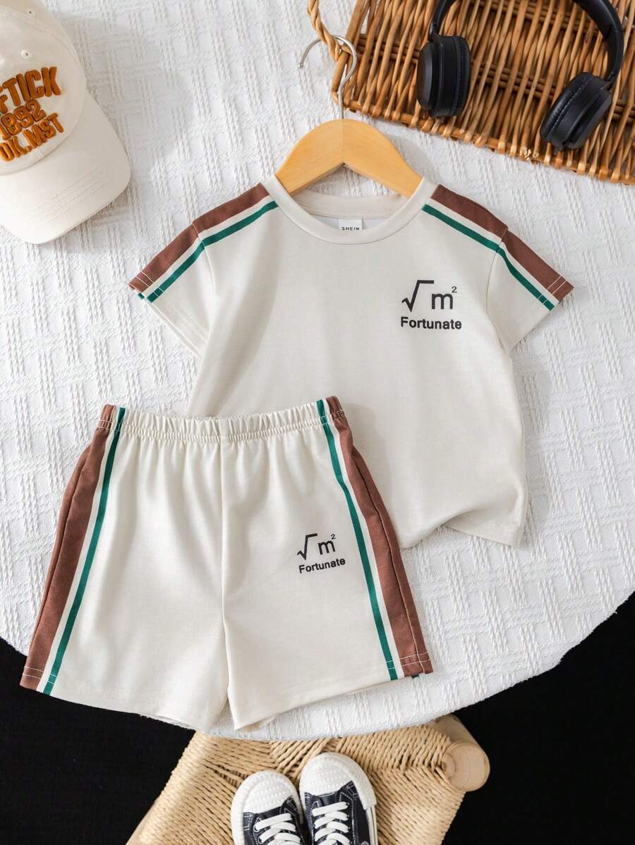 SHEIN Leap Crew Baby Boys Letter & Striped Pattern Crew Neck Raglan Sweatshirt And Elastic Waist Shorts 2 Pieces Outfit Set - Khaki - View 1