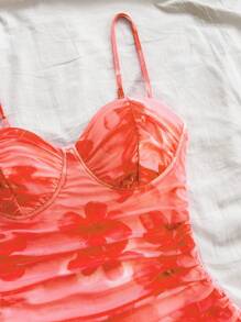 Soleia Women's Vacation Rose Pink Mesh Printed Ruched Camisole Mini Dress, Can Be Worn Internally Or Externally, Autumn Clothing - Coral Orange - View 6