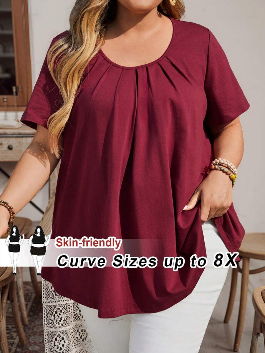 SHEIN CURVE+ 加大码女式圆领褶皱酒红色上衣 /情人节/加大码女式Cotta圆领褶皱加大码上衣 母亲节、情人节