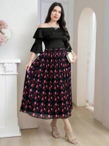Mulvari Conjunto de 2 piezas de talla grande elegante, con blusa de hombros descubiertos y falda estampada con flores, ideal para verano - Multicolor - Ver 3