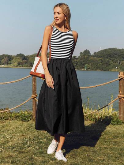 SHEIN LUNE Women's Casual Ribbed Sleeveless Gathered A-Line Midi Dress, Elegant For Holiday, Street Style, Or Indoor Wear Vacation Outfits Woman