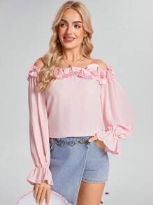 SHEIN LUNE Women 3D Floral Ruffle Off Shoulder Long Sleeve Solid Loose Blouse,Valentine's Day,Western Wear Women,Spring - Pink - View 6