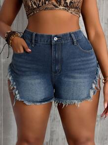 SHEIN SXY Short en jean ajusté avec design ajouré et chaîne métallique décorative, pour femmes grandes tailles