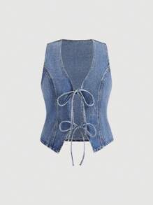 SHEIN CURVE+ Áo khoác gile denim buộc dây phía trước dành cho nữ cỡ lớn - Màu xanh lam - Xem 1