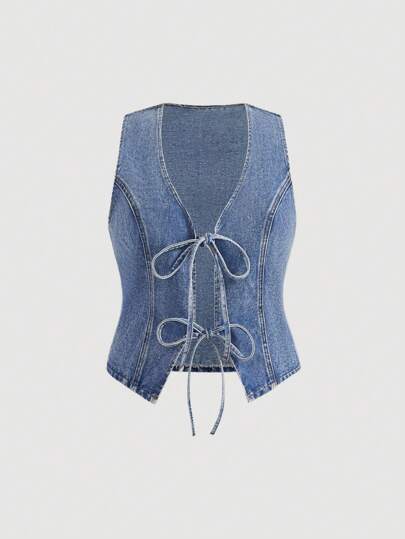 SHEIN EZwear Chaqueta de mezclilla con detalle de amarre en frente para mujer de talla grande