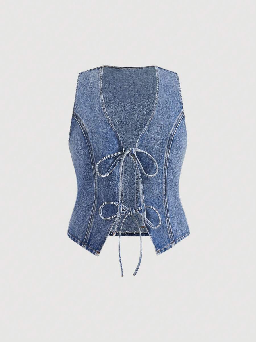 SHEIN CURVE+ Áo khoác gile denim buộc dây phía trước dành cho nữ cỡ lớn - Màu xanh lam - Xem 1