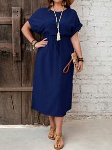EMERY ROSE Plus Size Solid Color Tied Waist Split Hem Casual Summer Vacation Dress - Blue - View 3