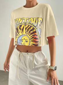 SHEIN EZwear 女士圆领短袖印花休闲衬衫，日常穿着