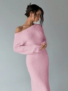Aloruh 女士秋冬露肩宽松长款毛衣连衣裙 - 淺粉色 - 查看 4