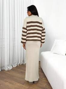 RueChic Women Stripe Pattern Button Detailed Drop Shoulder Pullover & Sweater Dress Set - Beige - View 3