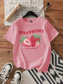 SHEIN EZwear 女士休闲草莓印花宽松圆领短袖 T 恤，适合夏季 - 粉色 - 查看 1