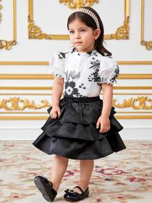 SHEIN Baby Girl Elegant Collared Puff Sleeve Blouse & Layered Ruffle Hem Skirt Set - Black - View 4