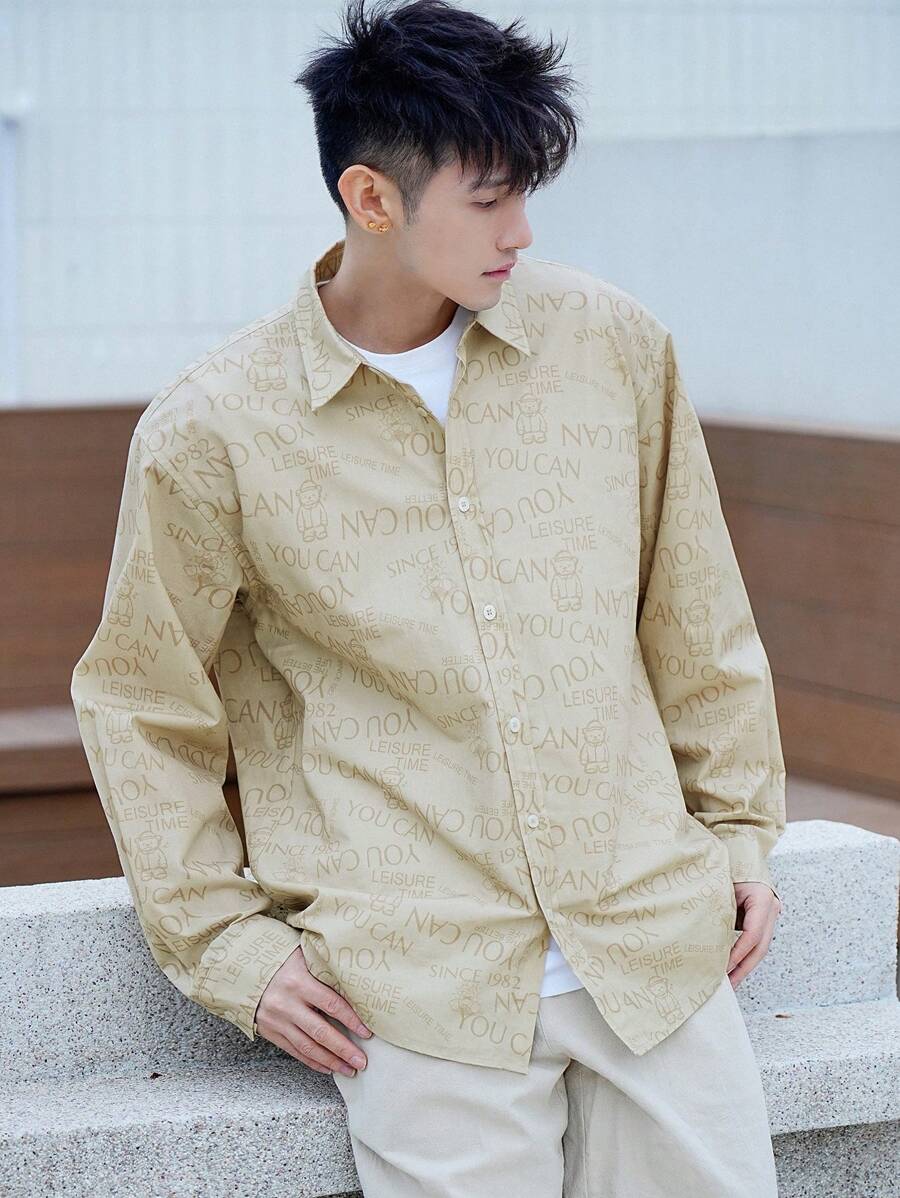 DAZY 春季字母和熊印花卡其色男士衬衫长袖商务正装 - 卡其色 - 查看 1